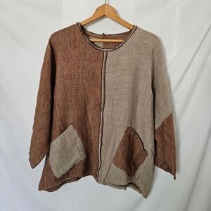 IC Collection 100% Linen‎ Lagenlook Patchwork Top sz L